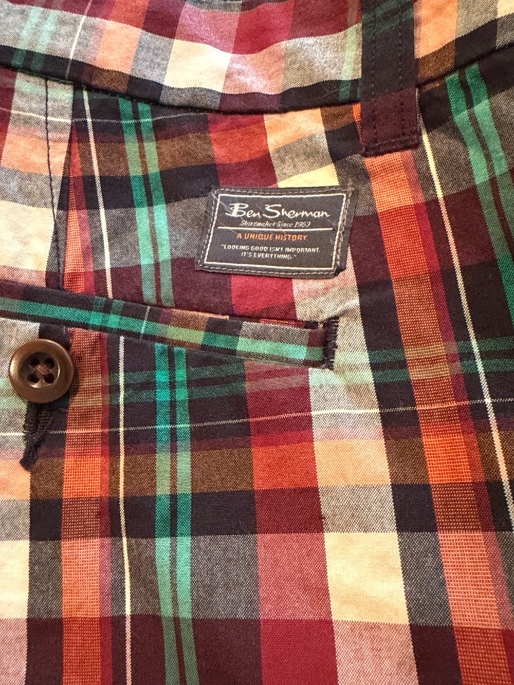 Ben Sherman Plaid Flat-Front Shorts in Burgundy, Teal & White - Picture 6 of 6